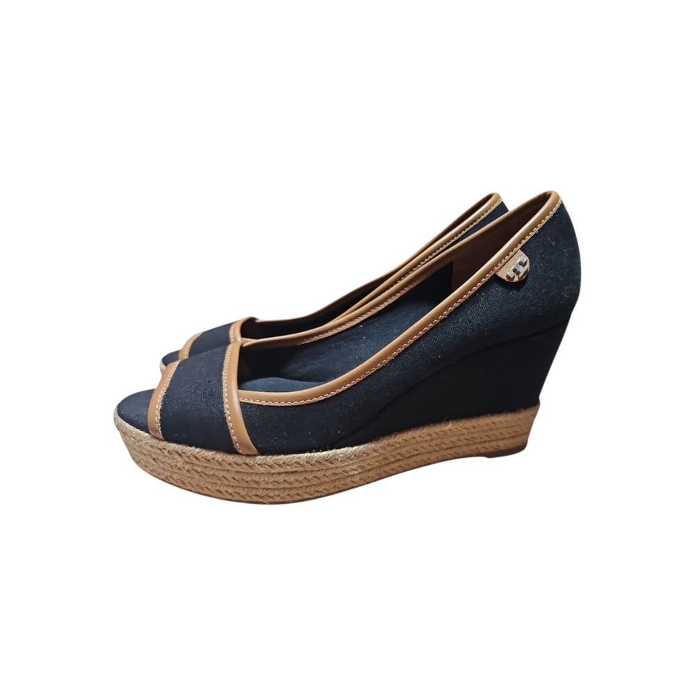 Tory Burch Majorca Espadrille Wedge Women's Size 8 Black Brown Peep Toe EU 38 - Picture 10 of 10